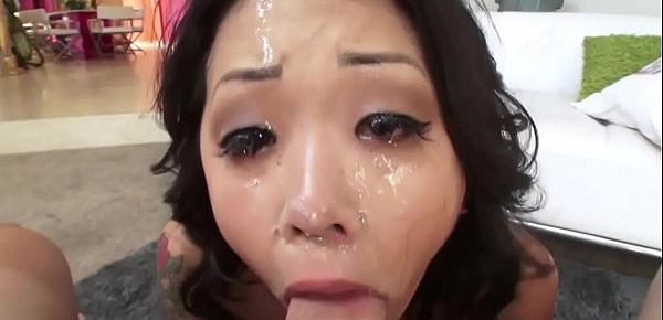  Asian pornstar sucking and gagging on cock